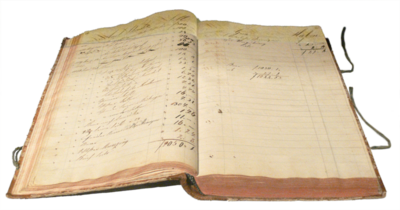 A photograph of an old handwritten bookkeeping ledger book; the book is open with the pages displayed